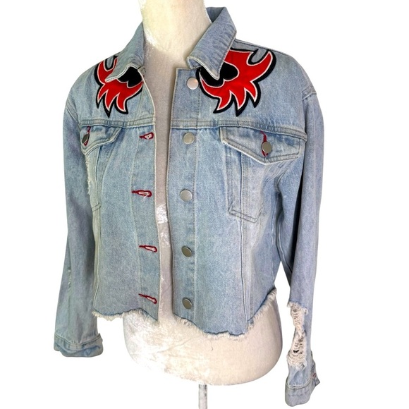 Fashion Nova Life Of Sin Faux Leather Patch Denim Jacket Light Wash Size XS - Picture 10 of 14